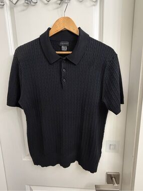 Club Monaco Black Cable-Knit Short Sleeve Polo